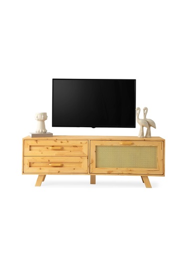 Tv Sehpası 2 Çekmeceli 1 Hasır Kapaklı Natural Ağaç 180cm Kurulu Gönderilir Naturel
