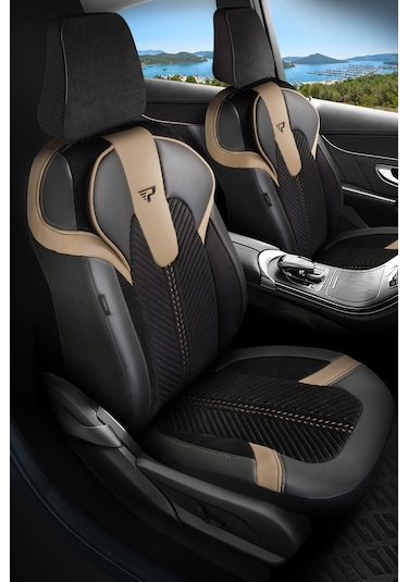 Siyah - Bej Garni Panda Monte Carlo Serisi Velor Kadife Kumaş Oto Koltuk Kılıfı - Tam Set