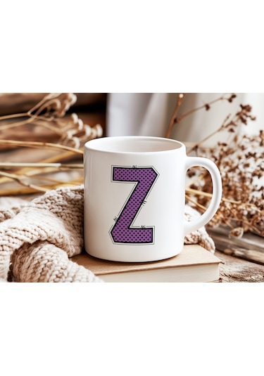 Z Harfi Mor Puantiyeli Kupa Bardak - Polka Dot Tasarım Kahve Çay Bardak - Kişiye Özel Hediyelik Beyaz