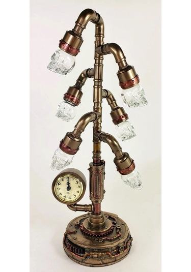Steampunk Serisi Boru Sistemli, Saatli, Kristal 6lı Kafatası Led Gece Lambası