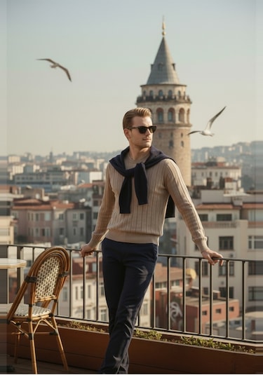 Deepsea Bej Dar Kesim Likralı Erkek Triko Kazak Bisiklet Yaka Şık Tasarım 2605433 Bej