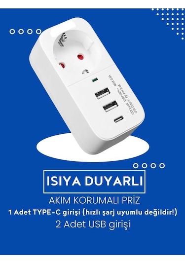 Ftr017 3in1 Termal Akım Korumalı 2usb-a 1soket 3680w 1 Pd Type