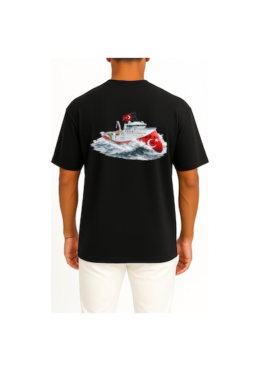 Bahriyeli Collection Oversize Rv Barbaros Hayreddin Paşa Dalgalar Arası Göğüs Ve Sırt Baskılı Unisex T-shirt Siyah
