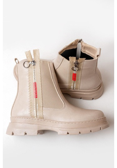 Asm-086 Bej Fashion Aksesuarlı Fermuarlı Günlük Kadın Bot-bej Bej