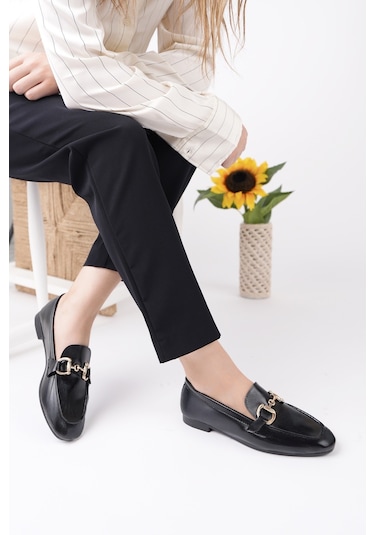 Muggo Stride Metal Tokalı Kadın Günlük Loafer Ayakkabı Siyah