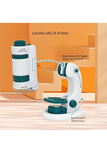 Triline Mikroskop Deney Seti 180x Portatif Led Işıklı Eğitici Öğretici 21 Parça Mobil Mini Taşınabilir