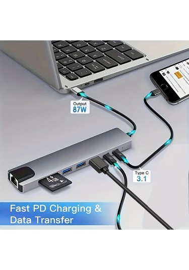 Honeybeeshop Macbook Uyumlu Ve Windows Dizüstü Bilgisayarlar İçin 8i 1 Arada Usb C Tipi 100m Rj45 Sd Tf Kart Okuyucu 4k Hdtv Adaptörü Hızlı Şarj Özellikli