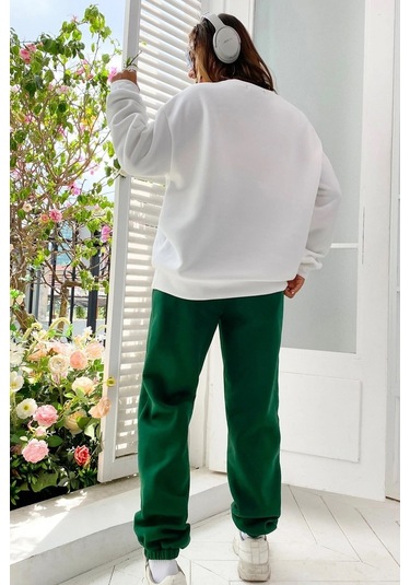 Modagen Kadın Yeşil Beyaz Brooklyn Baskı Oversize Bisiklet Yaka Alt Üst Eşofman Takımı Yeşilbeyaz