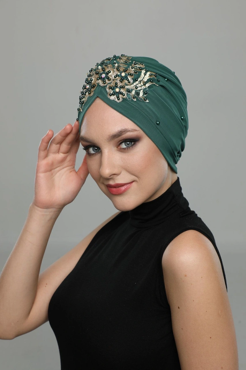 Kopma Astarlı Işlemeli Yeşil Sırma Motifli Hazır Türban Tesettür Abiye Bone Yeşil Sırma