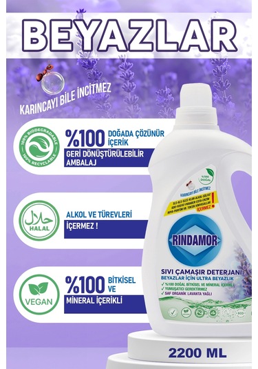 % 100 Doğal Bitkisel Sıvı Çamaşır Deterjanı Organik Lavanta Yağlı - Beyazlar İçin Ultra Beyazlık 2200 ML