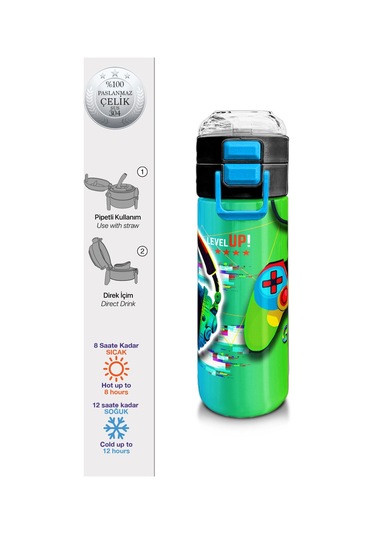 Coral High Kids Kulaklık Game Desenli Pipetli Ve Direkt İçim Çelik Termos 500 Ml 31841 Yeşil - Pembe