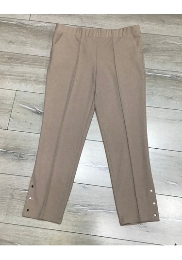 Scuba Yanlardan Cepli Önü Dikişli Paçası Çakmalı Beli Lastikli Büyük Beden Pantolon Krem