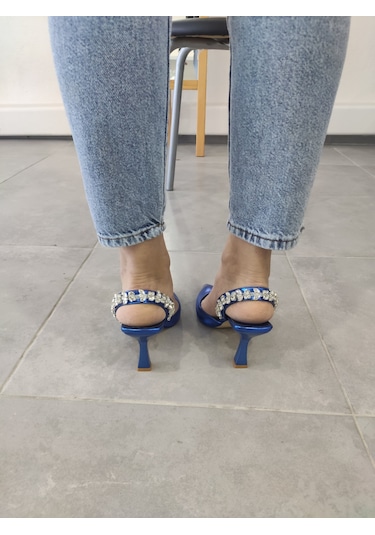 Tarzbu Lks İnce Topuklu Taşlı Parlak Mavi Renk Abiye Ayakkabı Mavi