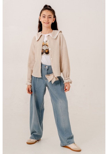 Kız Çocuk Su Taşlı Gömlek T-shirt İkili Takım 1805 Bej