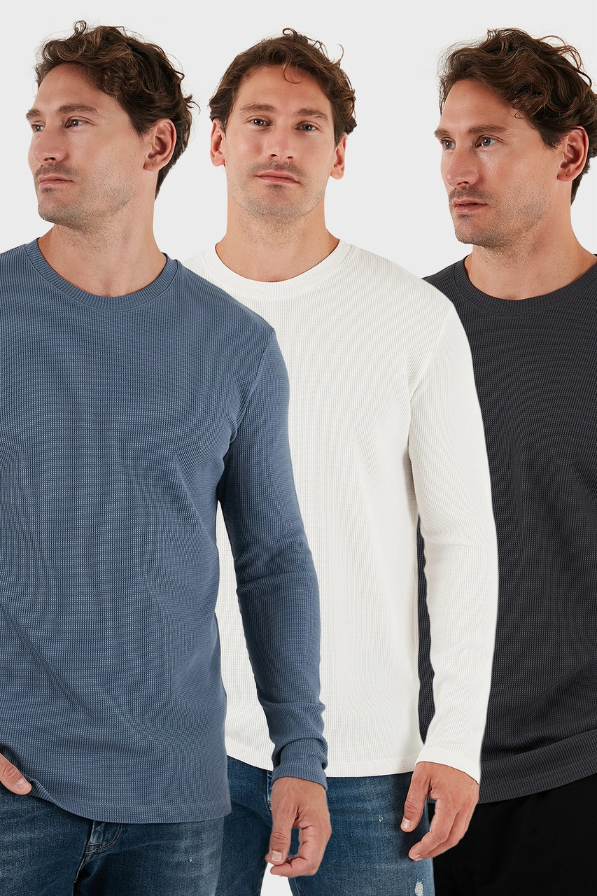 Buratti Pamuklu Bisklet Yaka Slim Fit Basic 3'Lü Paket Erkek Sweat 5905073S3 Antrasit-Ekru-Koyu Gri