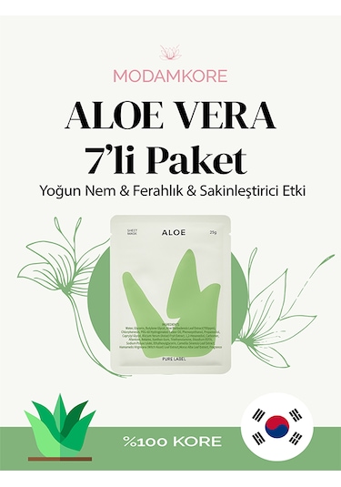 Modamkore 7'li Paket Aloe Vera Kore Yüz Maskesi Yoğun Nem Sakinleştirici