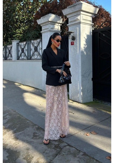 Crimson Grace Kadın Vizon Dantel Maxi Etek Şık Yazlık Tasarım Vizon