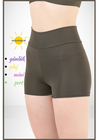 Kadın Haki Yüksek Bel Toparlayıcı İç Göstermeyen Boxer Şort Deniz, Havuz & Günlük Kullanım İçin Haki