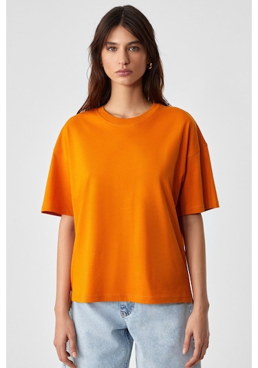 GRIMELANGE Jemmy Kadın %100 Organik Pamuk Relaxed Fit Yırtmaçlı Yuvarlak Yakalı Turuncu T-shirt Turuncu