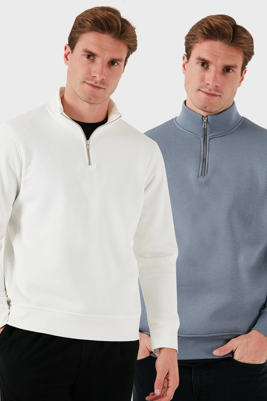 Buratti Pamuklu Regular Fit Dik Yaka 2'Li Paket Erkek Sweat 59052592S2 Ekru-Koyu Gri