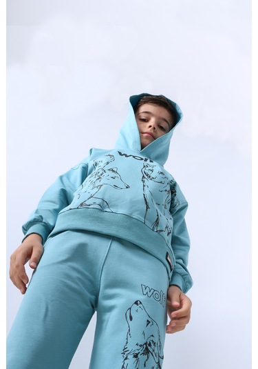 Erkek Çocuk Kapşonlu Eşofman Takımı 4 Mevsim Wolf Baskılı Ribanalı F12 Mavi