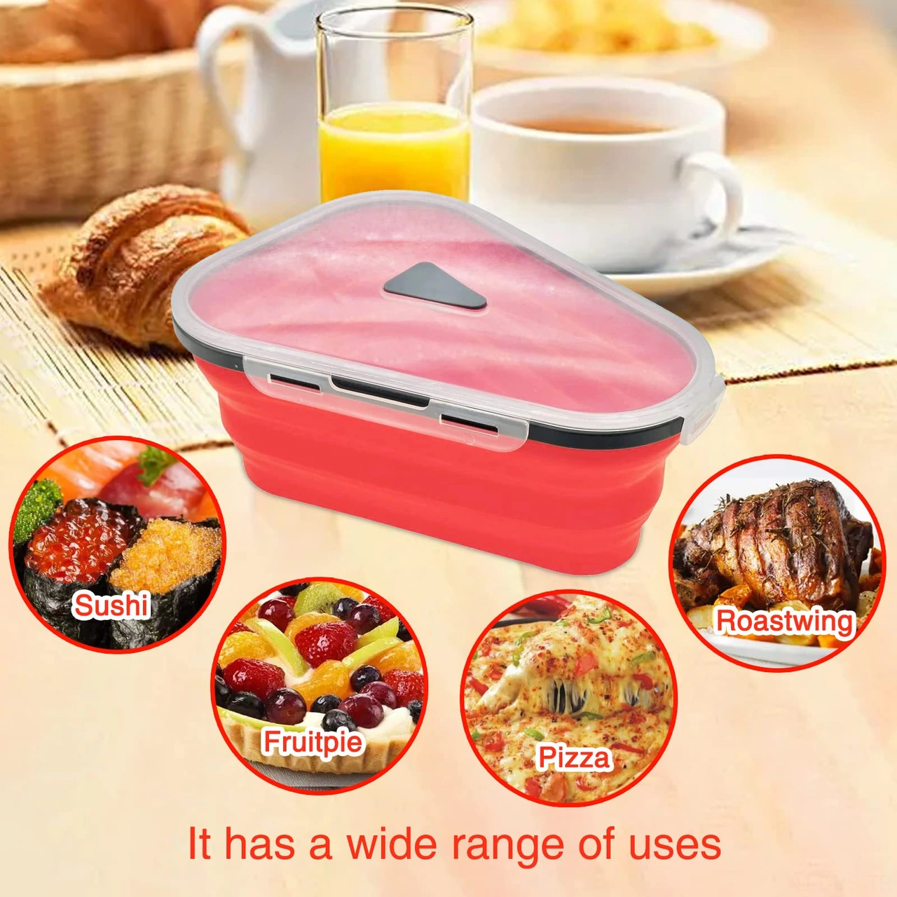Yunboo Kırmızı Yiyecek Dereceli Silikon Pizza Depolama Kutusu - Yeniden Kullanılabilir, Mikrodalga Uygun, 5 Bölmeli, Leak-proof, Buzdolabı Güvenli Turuncu - Kırmızı
