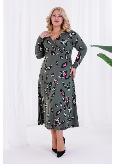 Kadın Yeşil Tiger Desen Kruvaze Yaka Büyük Beden Esnek Maxi Elbise Yeşil