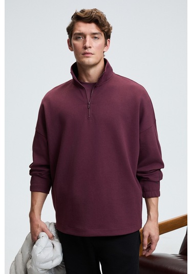 Grimelange EDISON Erkek Yarım Fermuarlı Kolu Baskılı Dik Yaka Bordo Sweatshirt