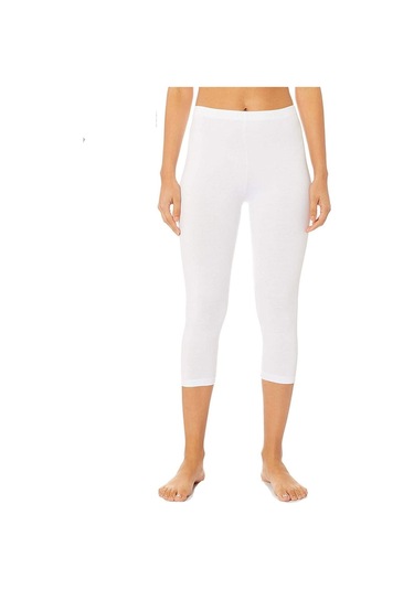 Kadın Beyaz Penye Elastan Düz Desensiz Yüksek Bel Dizaltı Kapri Tayt Beyaz