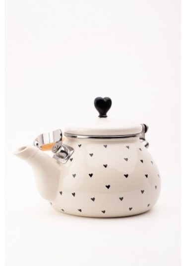 Black Cupid Emaye Siyah Kalp Desenli Vintage Kettle - 2 Litre