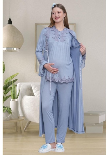 Mecit Pijama Mecit 1519 Bayan Hamile Lohusa Mavi Sabahlık Gecelik Pijama Seti