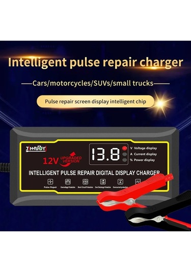 Xuweiwei Jınnuoyı 12v Akü Şarj Cihazı Siyah Eu Fişi Geliştirilmiş Büyük Dijital Ekran Darbe Onarım Bakım Çoklu Koruma Araba Motosiklet Karavan