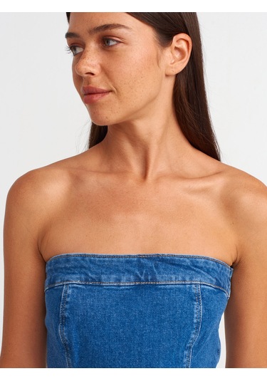 Dilvin Pileli Straplez Denim Elbise Mavi