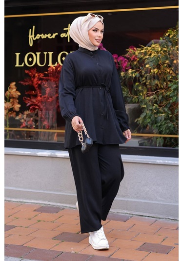 Hakim Yaka Detaylı Tesettür Siyah Takım Siyah