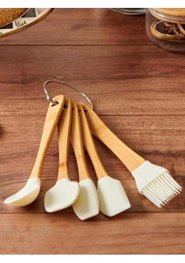 Bambu Saplı Slikon Uçlu 5 Parça Mini Spatula Kaşık Fırça Seti Açık Kahverengi