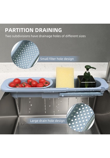Maiyame Mutfak Sıvı Filtreleme Sepeti - Genişletilebilir Tasarım, Bölmeli Süzme, Bez Kurutma Çubuğu - Mavi Gri Gri Mavi