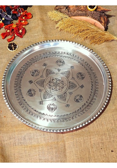 Modabakir Bakır Tepsi Sunumluk, Dekorasyon 45 Cm Model:5355pp Gümüş