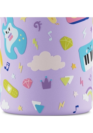 Kids Bottle Music Friends Pipetli Paslanmaz Çelik Çocuk Su Matarası 250 Ml Mor