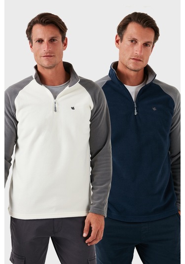 Buratti Slim Fit Yarım Fermuarlı Kışlık Şardonlu 2'Li Paket Erkek Polar 5906055S2 Ekru-Lacivert