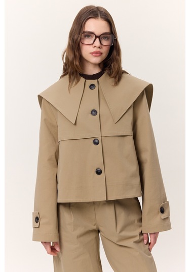 Geniş Yaka Gabardin Ceket Kum Kum