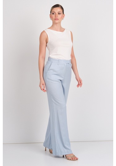 Ayhan Kadın Çizgili Cepli Keten Pantolon 1197 Mavi Mavi