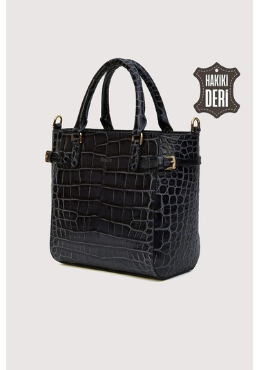 Hakiki Deri Kadın El Çantası Siyah Kroko Smr7922 Siyah Kroko