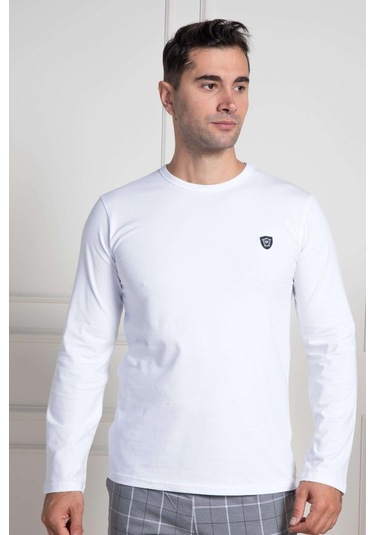 Mecit 3021 Beyaz Bisiklet Yaka Uzun Kollu Likralı Pamuk Erkek Tişört Beyaz