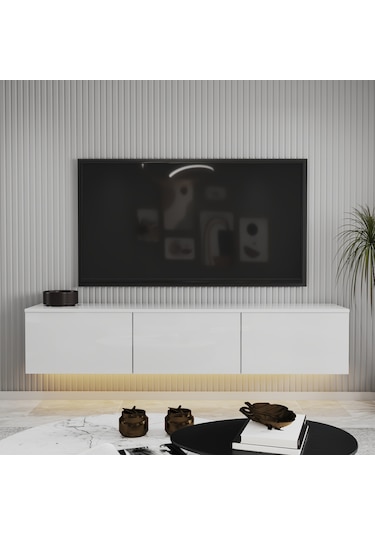 T0020 Alston Duvara Monte Tv Ünitesi Led Işıklı, Modern Tasarım, 160 Cm - Parlak Beyaz Parlak Beyaz