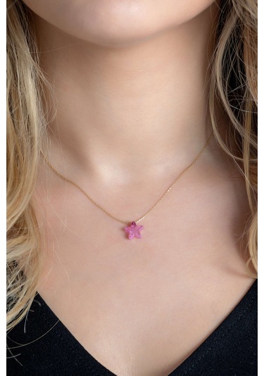 Moom Mücevherat Kadın Pembe Renk Yıldız Desenli Doğal Taş Kolye 1