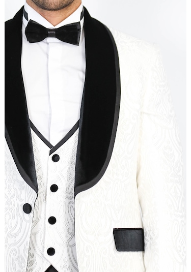 Barok Desenli Kadife Şal Yaka Yelekli Beyaz Smokin - Wessi Beyaz