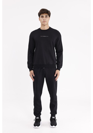 Rowinger Minimal Göğüs İşlemeli Rahat Kalıp Esnek Manşetli Mevsimlik Bisiklet Yaka Sweatshirt Black
