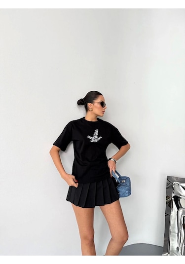 Kısa Kol Baskılı T-shirt - Siyah Siyah