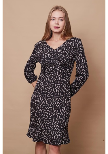 Kadın Hafif Likralı Yumuşak Dokulu Kumaş V Yaka Önü Düğümlü Eteği Volanlı Uzun Kol Diz Boy Elbise-siyah Bej Konfeti Konfeti