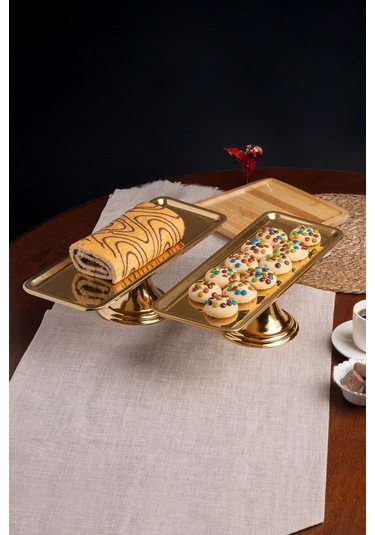 2'li Gold Dikdörtgen, Ayaklı Şık Kek, Pasta, Kurabiye Ve Tatlı Servis Sunum Standı Gold